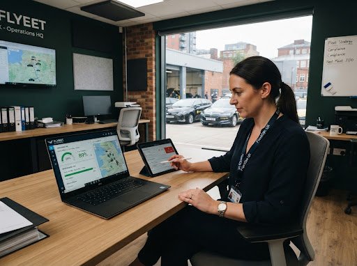 Professional UK fleet manager in an operations office reviewing vehicle maintenance and telemetry