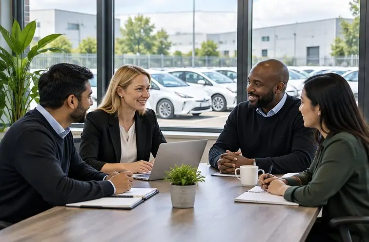 Rentfleet team discussing fleet operations in a bright depot office