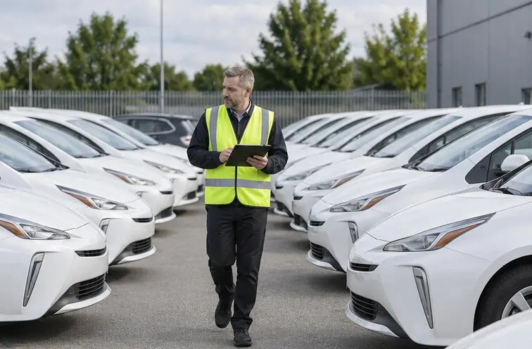 Fleet compliance officer checking rows of white hybrid vehicles with a tablet