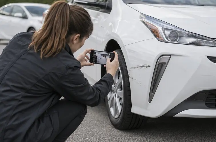 Fleet staff member photographing a small bumper scratch for a time-stamped damage record