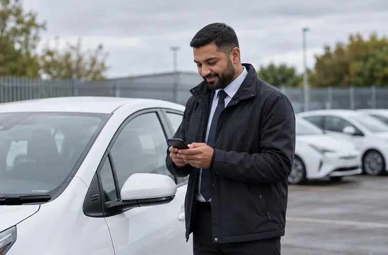 Professional private-hire driver completing digital onboarding beside a white hybrid fleet car.