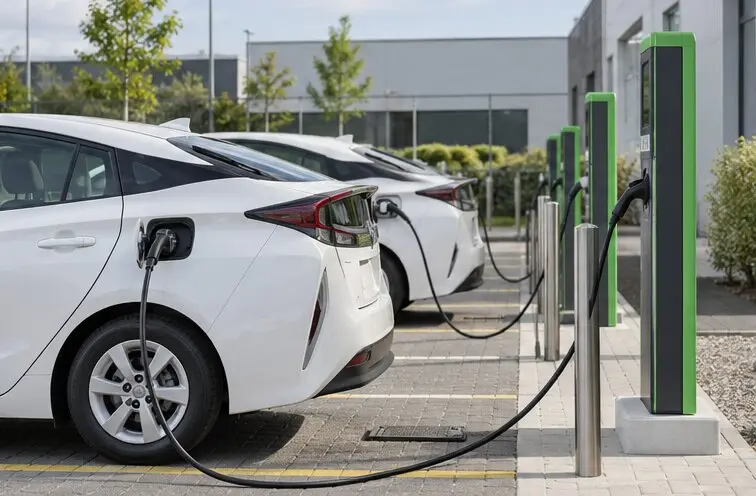 White plug-in hybrid fleet vehicles charging at a modern depot