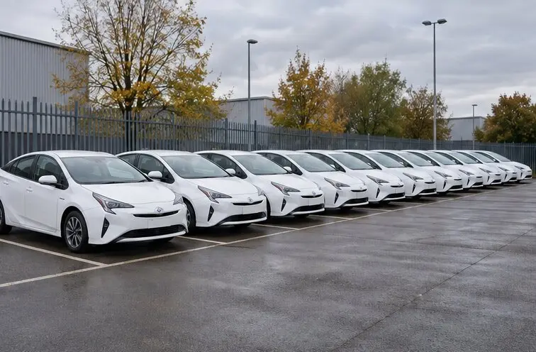 Orderly fleet of white Prius-style hybrid saloons ready for allocation at a UK rental depot