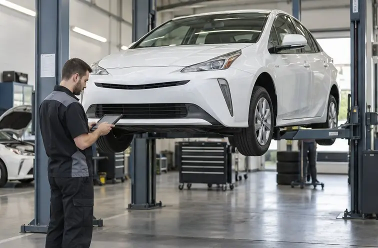 Technician inspecting a white hybrid fleet vehicle on a workshop lift