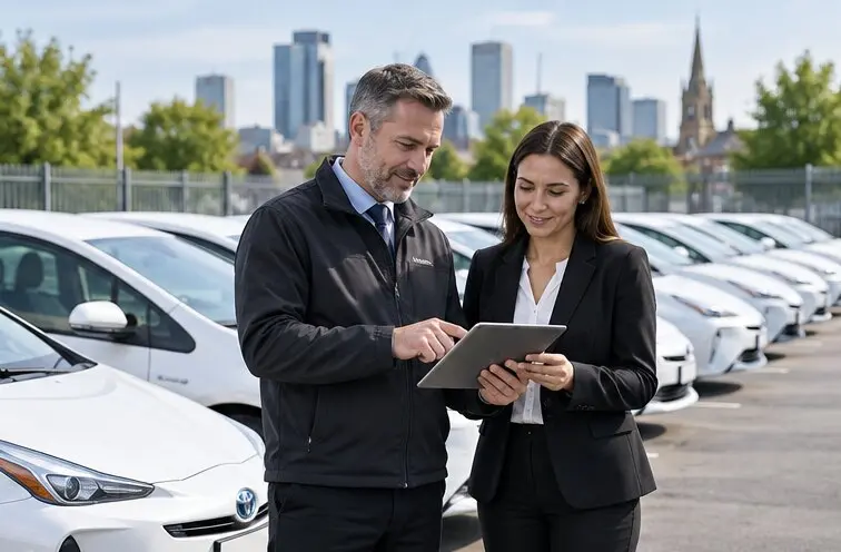 Two fleet managers reviewing multi-branch vehicle operations beside hybrid cars