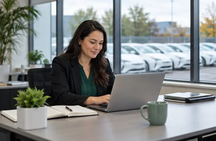 Fleet finance manager reviewing weekly rental payments with hybrid vehicles visible outside.