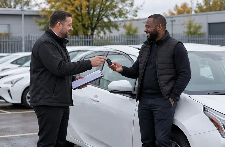 British taxi and private-hire vehicle hire depot yard lined with black LEVC taxis and Toyota Prius hybrid cars, female depot manager with tablet handing car keys to smiling professional male driver on sunny afternoon in London UK, fleet management corporate setting