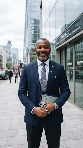 Portrait of an experienced London private-hire taxi operator in professional business attire outside a modern commercial office.