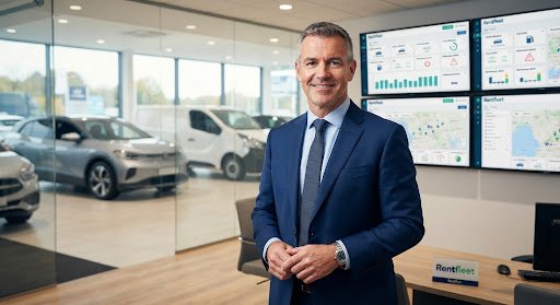 Portrait of successful British fleet business owner standing confidently in high-tech car showroom office with fleet telemetry monitors in background